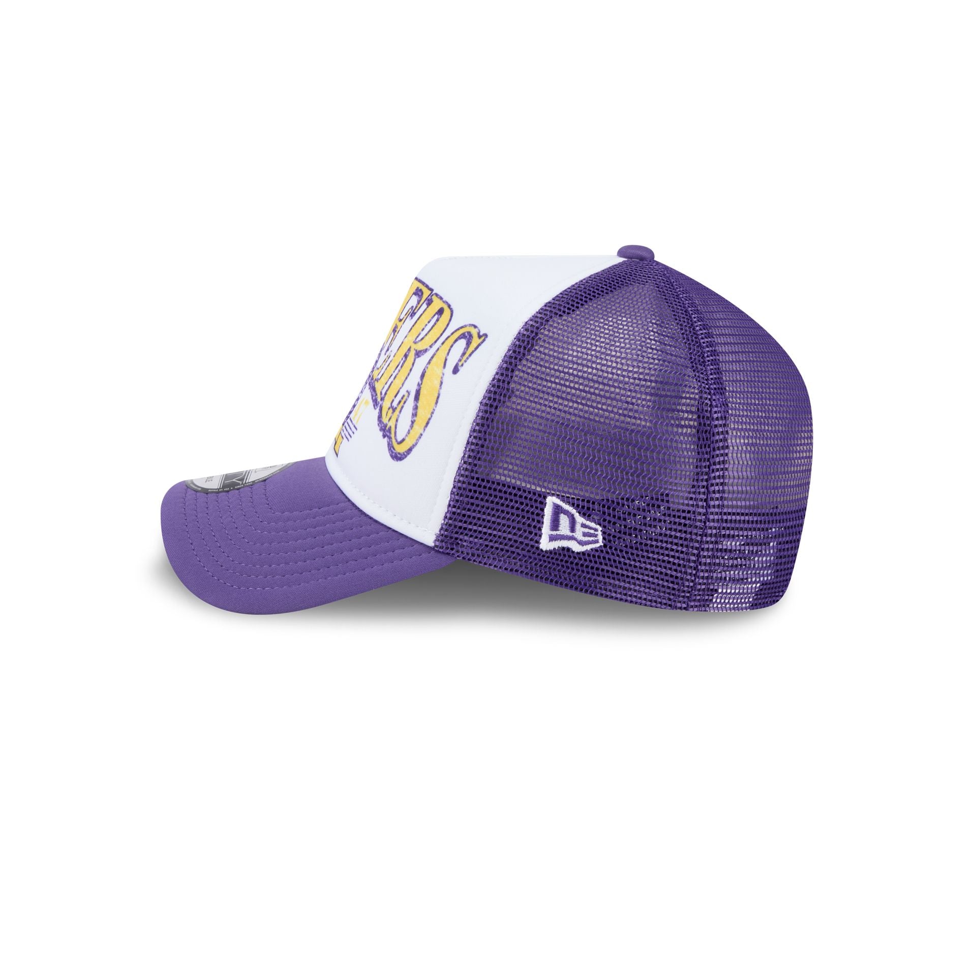 Los Angeles Lakers Distressed 9FORTY A-Frame Trucker Hat - Image 4