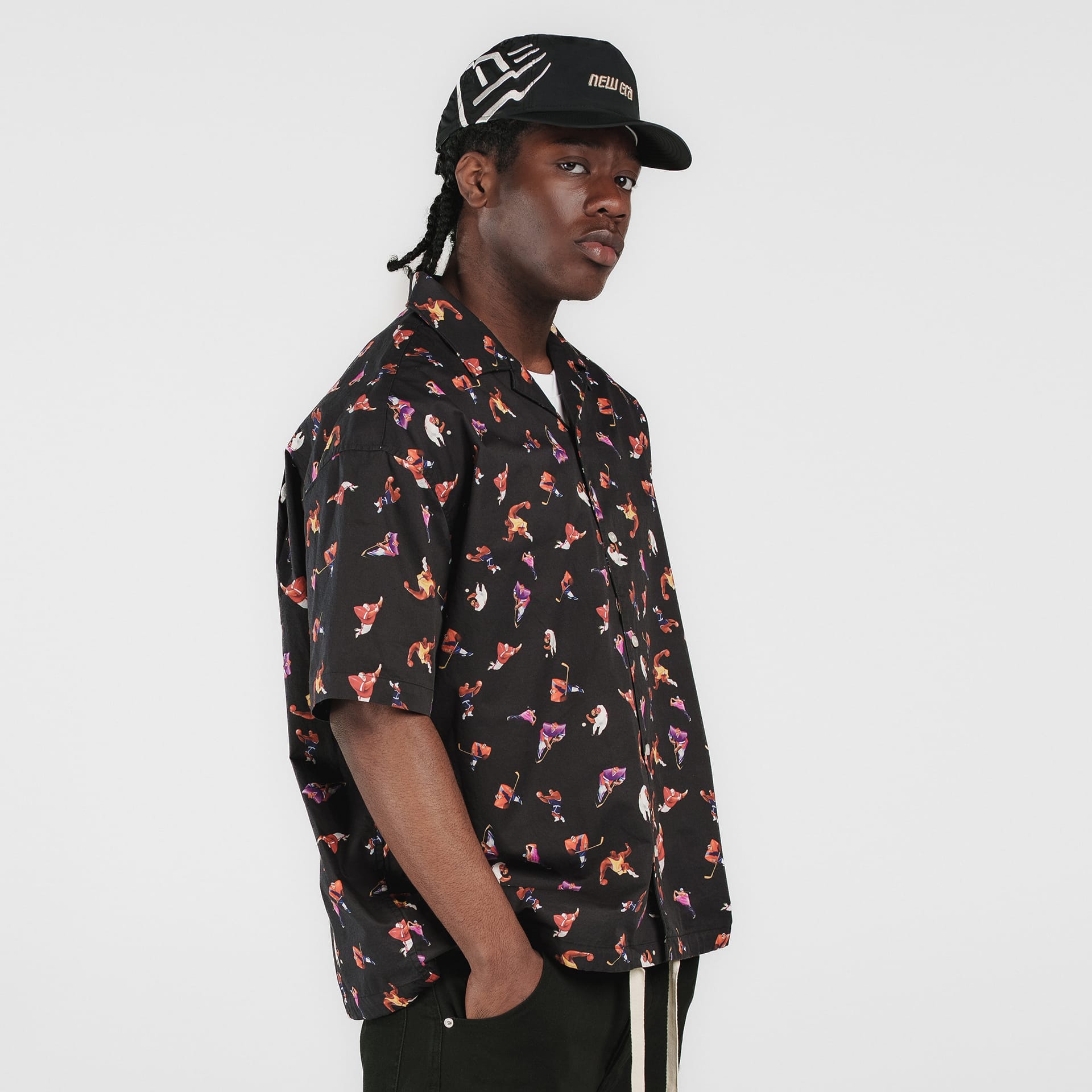 New Era Branded Resort Black Open Collared Shirt