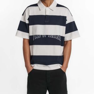 New Era Branded Embroidered Yarn Dye Navy Rugby Shirt